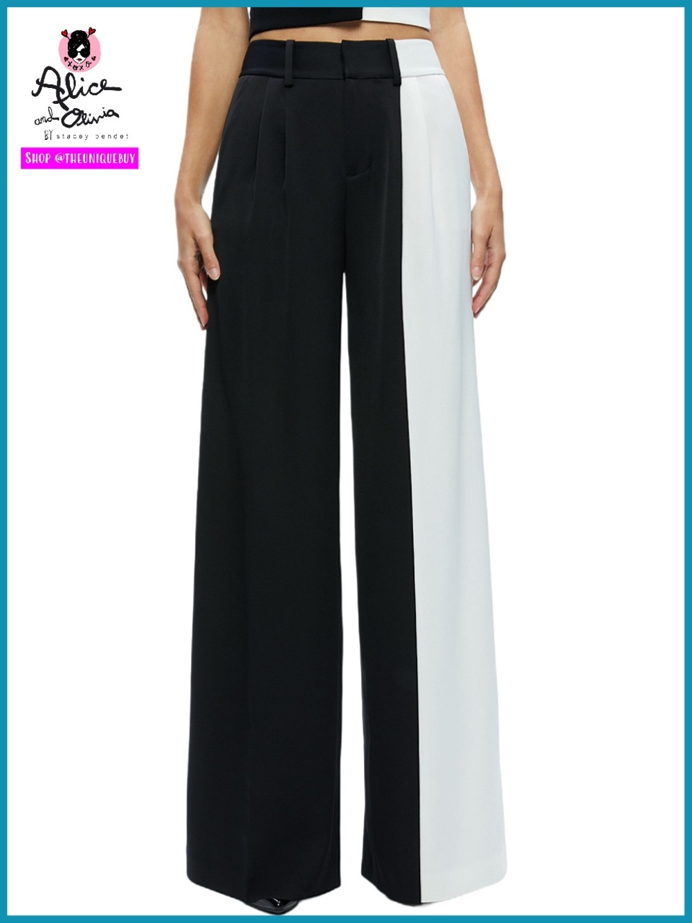 Alice + Olivia Pompey Black White Satin Crepe Colorblock Pant